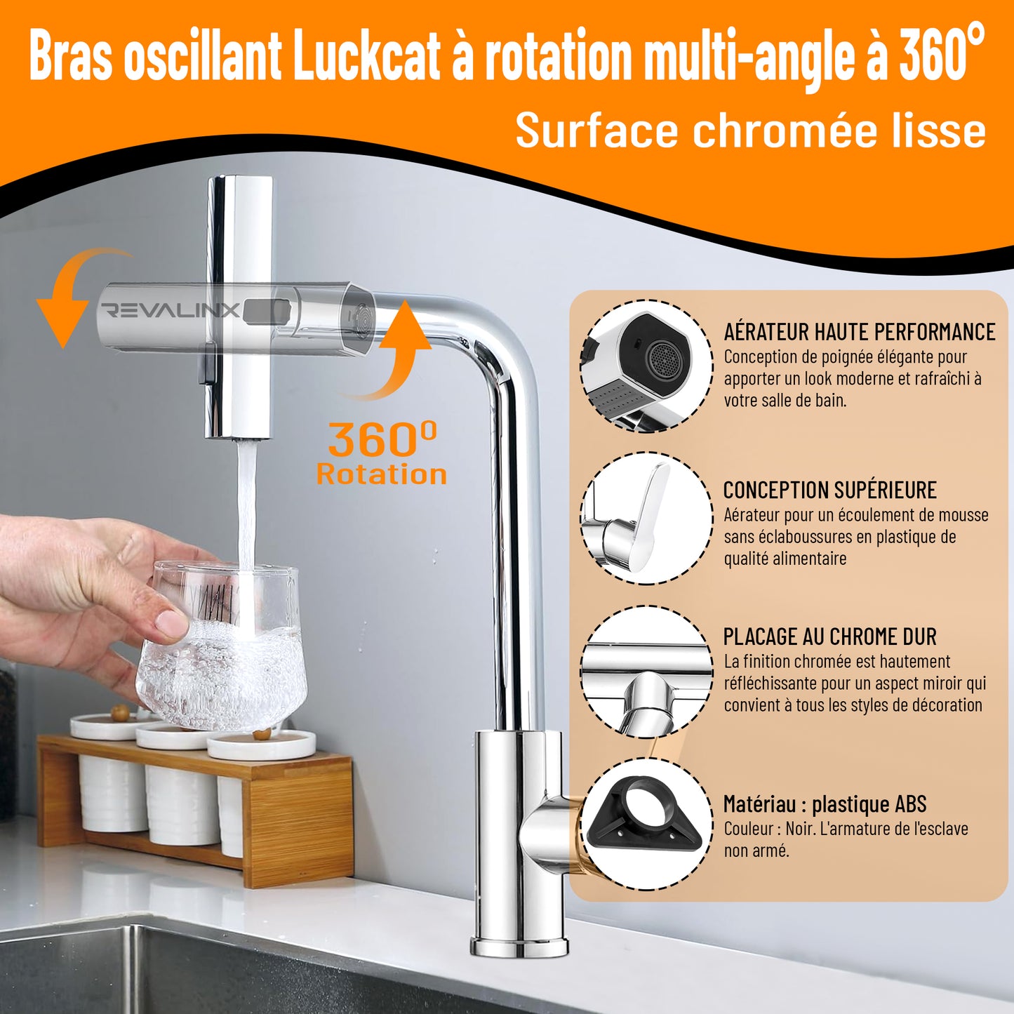 Robinet de Cuisine Noir 360° Style Cascade – Douchette Extensible 3 Modes, Haute Pression, Mitigeur Monolevier en Acier Inoxydable - Revalinx