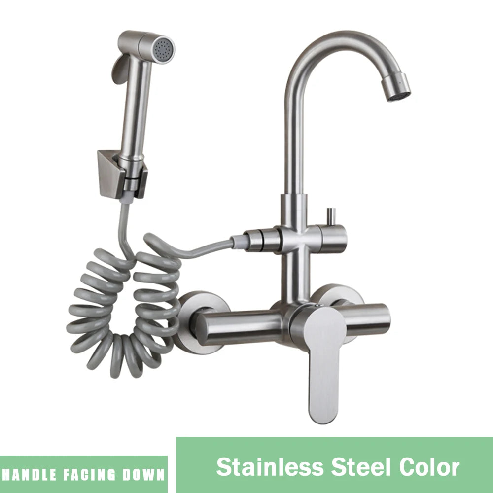 Robinet de Cuisine Mural Rozin – Bidet Extractible, Mitigeur Noir SUS 304, Montage Double Trou, Flexible pour Évier