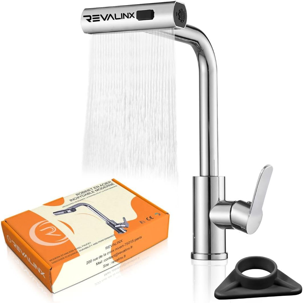 Robinet de Cuisine Noir 360° Style Cascade – Douchette Extensible 3 Modes, Haute Pression, Mitigeur Monolevier en Acier Inoxydable - Revalinx 