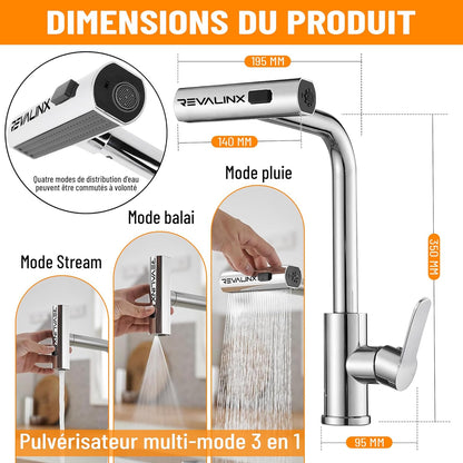 Robinet de Cuisine Noir 360° Style Cascade – Douchette Extensible 3 Modes, Haute Pression, Mitigeur Monolevier en Acier Inoxydable - Revalinx 