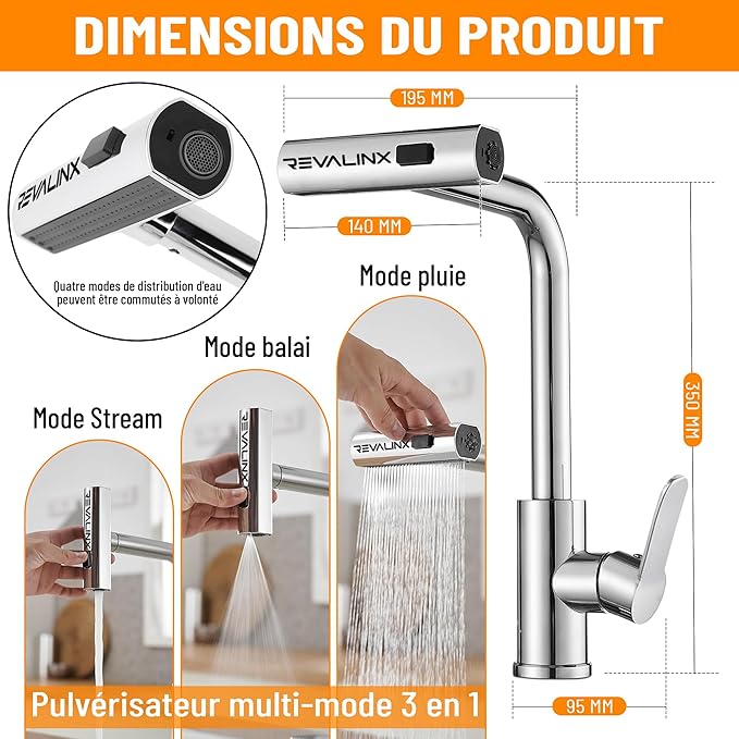 Robinet de Cuisine Noir 360° Style Cascade – Douchette Extensible 3 Modes, Haute Pression, Mitigeur Monolevier en Acier Inoxydable - Revalinx 