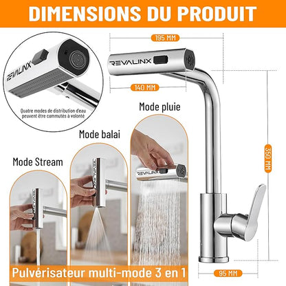 Robinet de Cuisine Noir 360° Style Cascade – Douchette Extensible 3 Modes, Haute Pression, Mitigeur Monolevier en Acier Inoxydable - Revalinx 