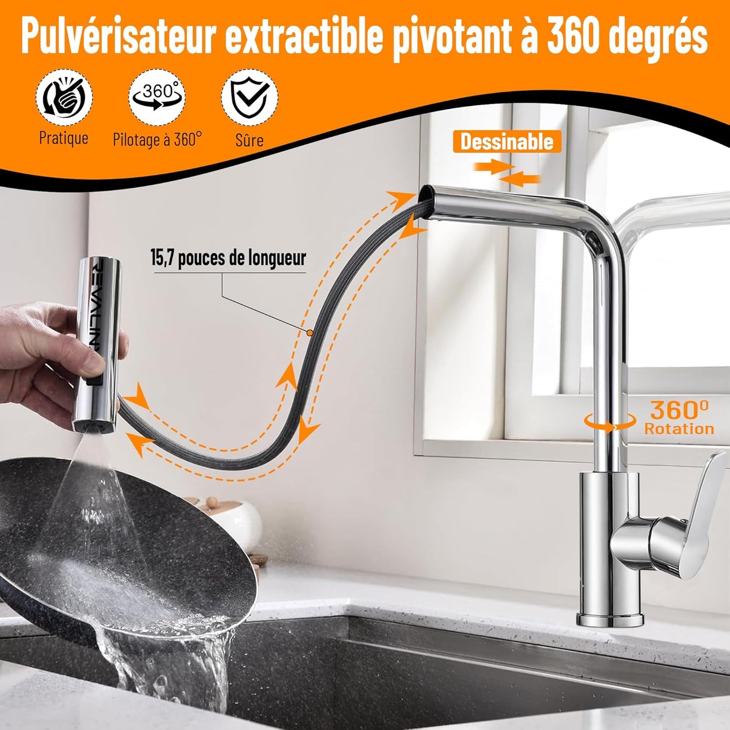 Robinet de Cuisine Noir 360° Style Cascade – Douchette Extensible 3 Modes, Haute Pression, Mitigeur Monolevier en Acier Inoxydable - Revalinx 