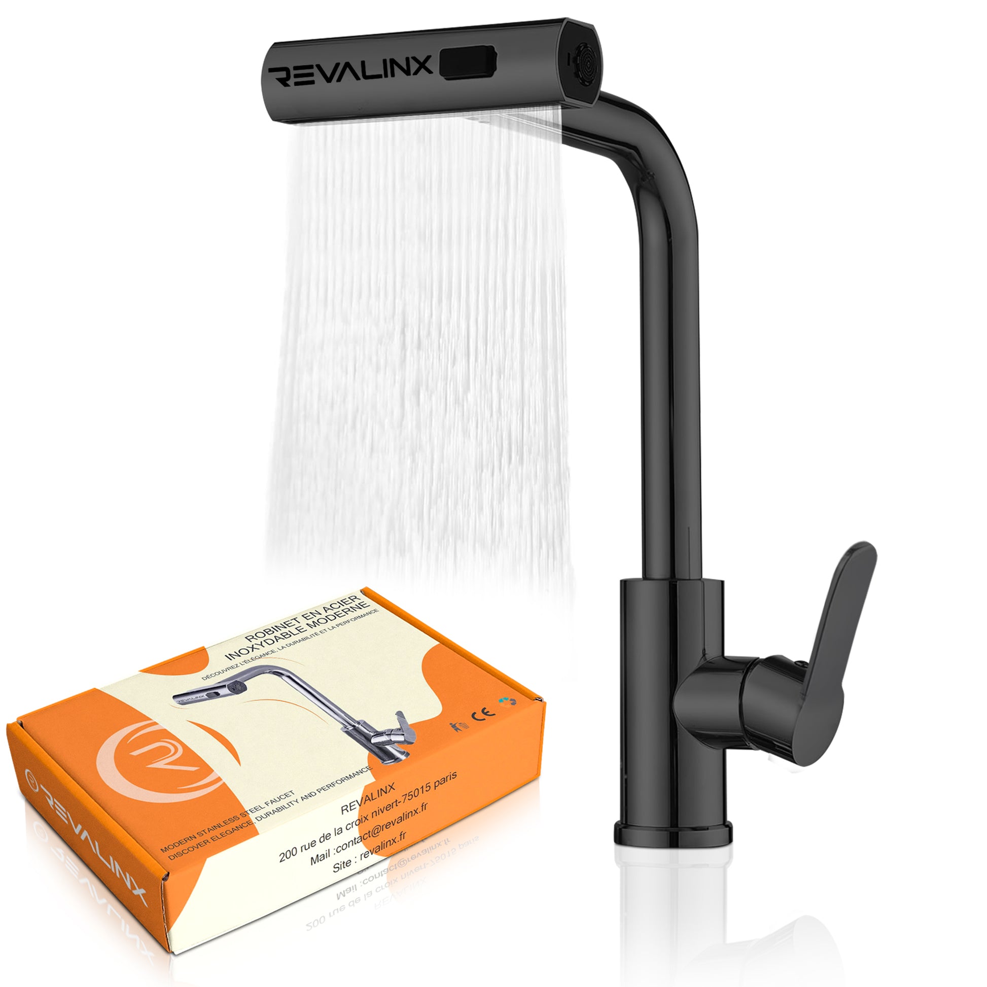 Robinet de Cuisine Noir 360° Style Cascade – Douchette Extensible 3 Modes, Haute Pression, Mitigeur Monolevier en Acier Inoxydable - Revalinx 