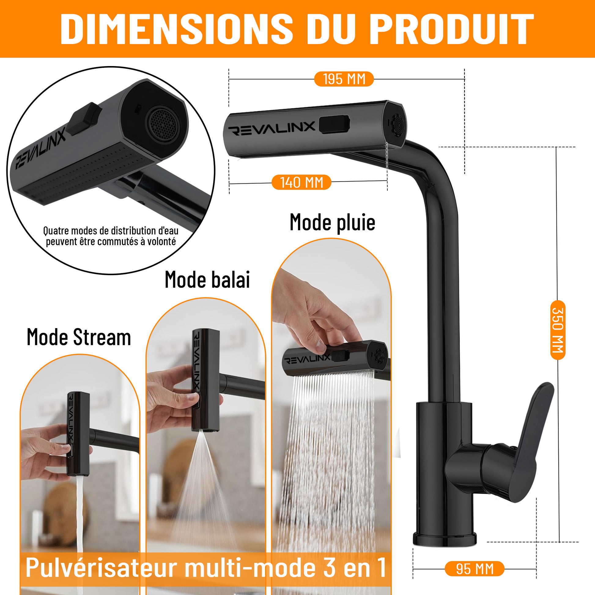 Robinet de Cuisine Noir 360° Style Cascade – Douchette Extensible 3 Modes, Haute Pression, Mitigeur Monolevier en Acier Inoxydable - Revalinx 