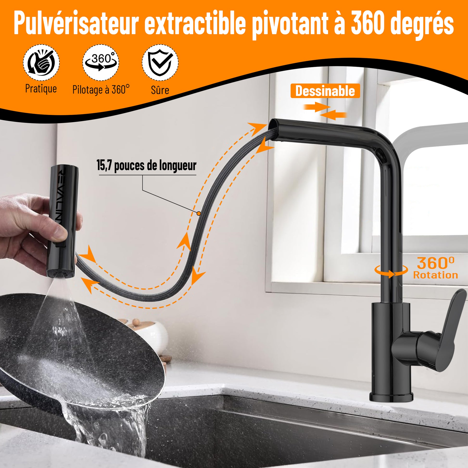 Robinet de Cuisine Noir 360° Style Cascade – Douchette Extensible 3 Modes, Haute Pression, Mitigeur Monolevier en Acier Inoxydable - Revalinx 