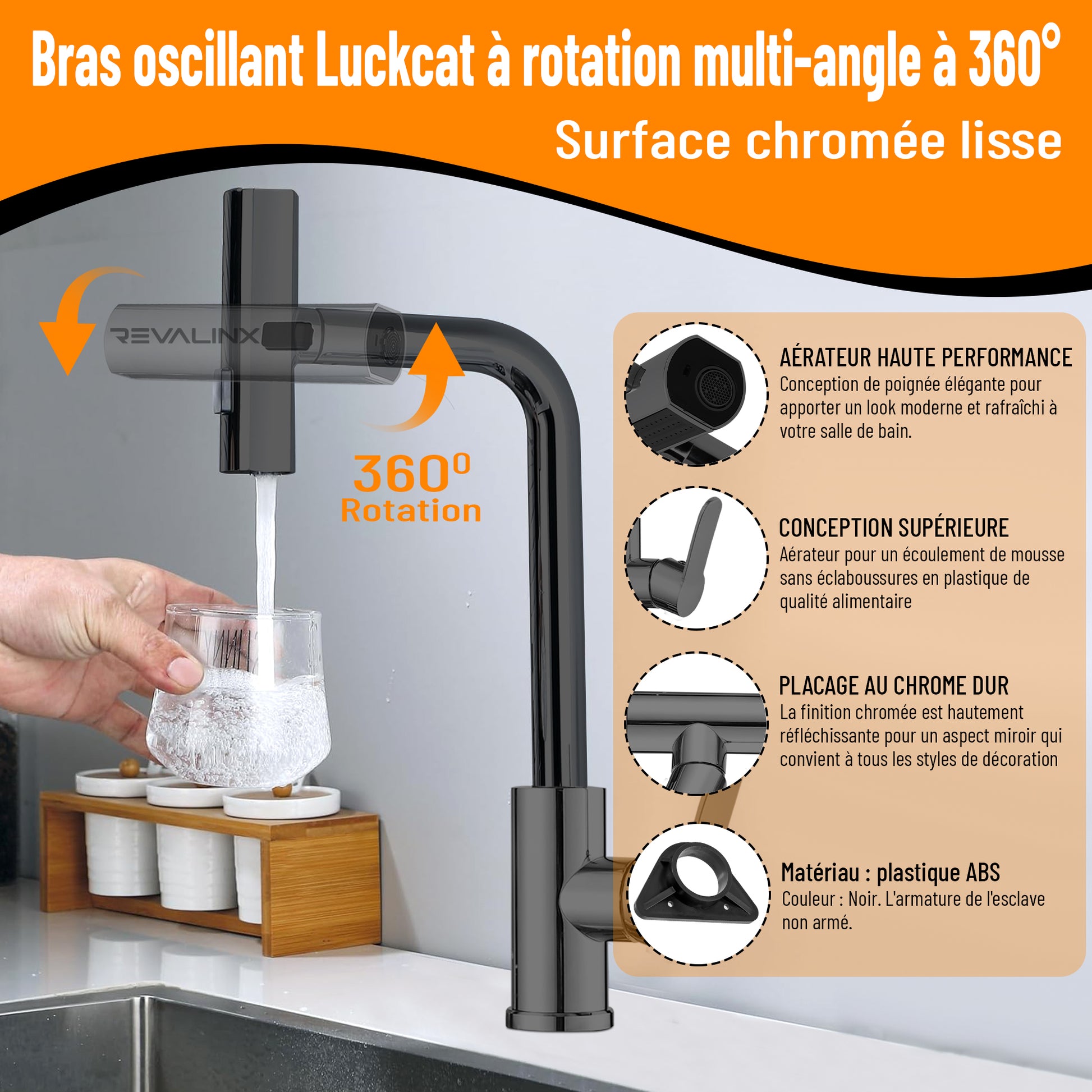 Robinet de Cuisine Noir 360° Style Cascade – Douchette Extensible 3 Modes, Haute Pression, Mitigeur Monolevier en Acier Inoxydable - Revalinx 