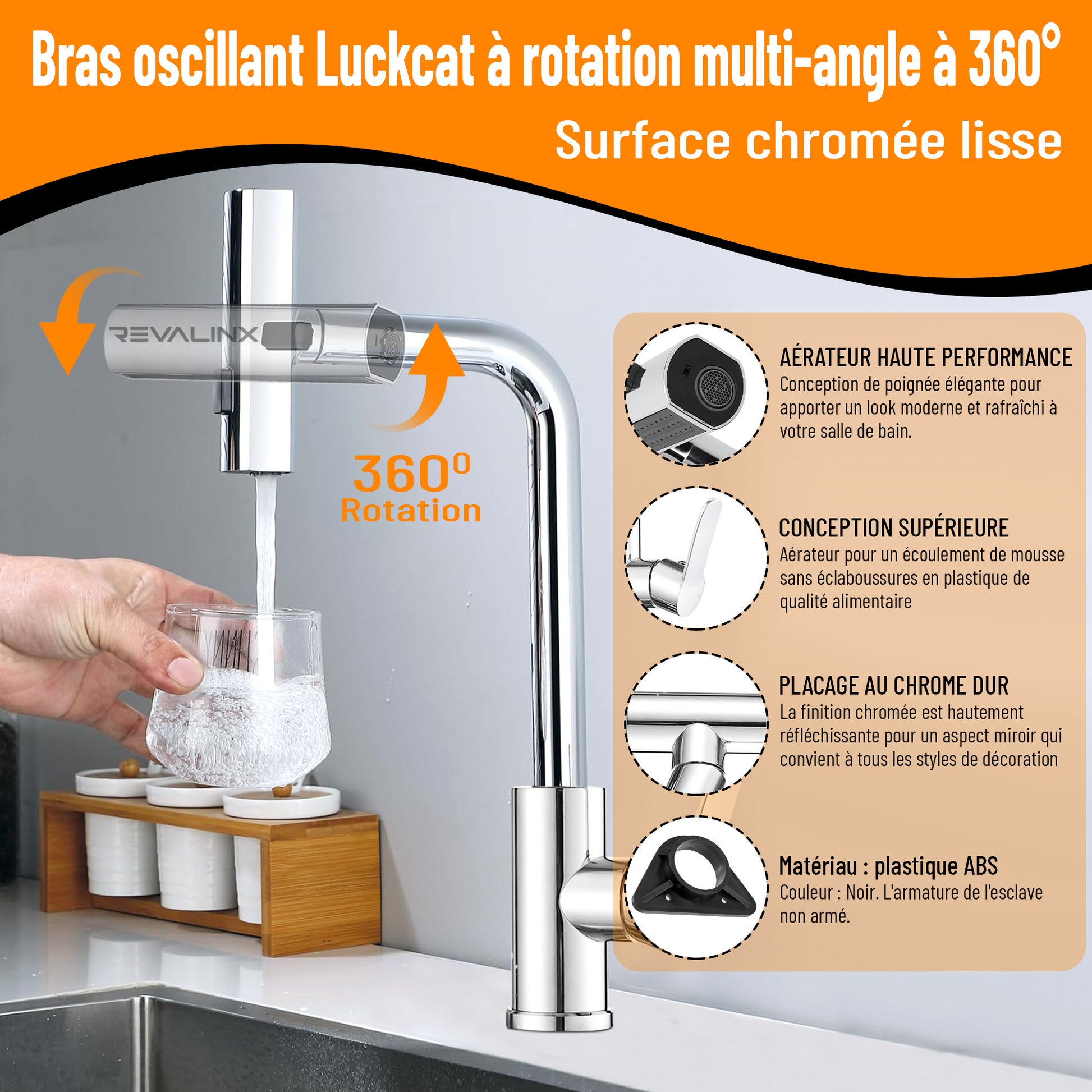 Robinet de Cuisine Noir 360° Style Cascade – Douchette Extensible 3 Modes, Haute Pression, Mitigeur Monolevier en Acier Inoxydable - Revalinx 