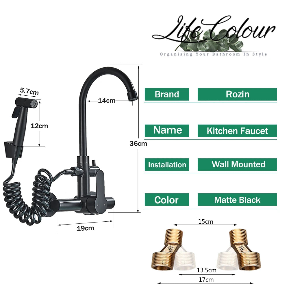 Robinet de Cuisine Mural Rozin – Bidet Extractible, Mitigeur Noir SUS 304, Montage Double Trou, Flexible pour Évier