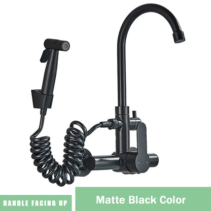 Robinet de Cuisine Mural Rozin – Bidet Extractible, Mitigeur Noir SUS 304, Montage Double Trou, Flexible pour Évier