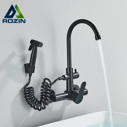 Robinet de Cuisine Mural Rozin – Bidet Extractible, Mitigeur Noir SUS 304, Montage Double Trou, Flexible pour Évier
