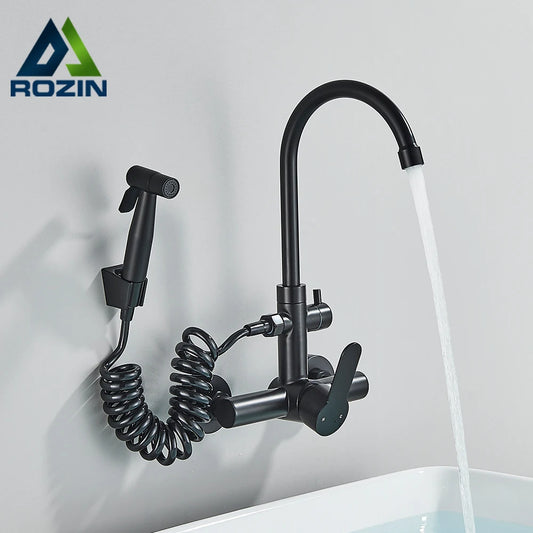 Robinet de Cuisine Mural Rozin – Bidet Extractible, Mitigeur Noir SUS 304, Montage Double Trou, Flexible pour Évier