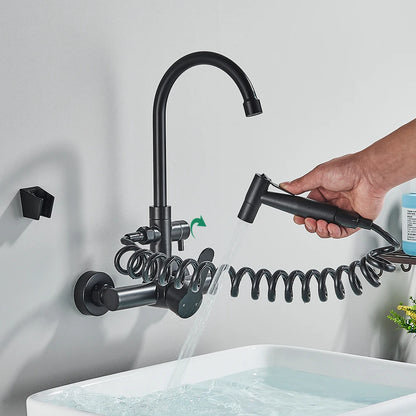 Robinet de Cuisine Mural Rozin – Bidet Extractible, Mitigeur Noir SUS 304, Montage Double Trou, Flexible pour Évier