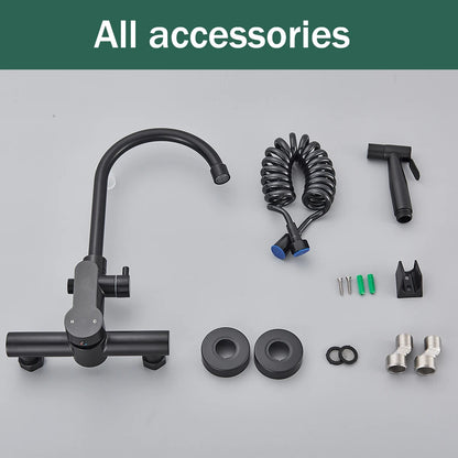 Robinet de Cuisine Mural Rozin – Bidet Extractible, Mitigeur Noir SUS 304, Montage Double Trou, Flexible pour Évier